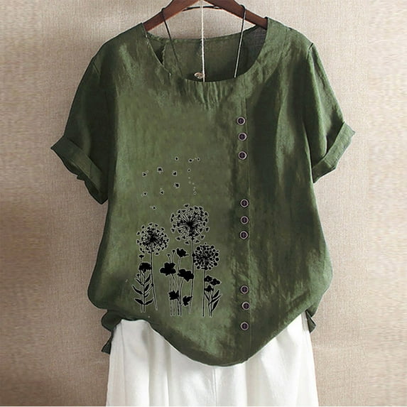 POTETI Woman T ShirtGreen Cotton Linen Casual Crew Neck Short Sleeve Printing Loose Shirt Tops