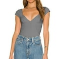 thumbnail image 1 of POTETI Woman Tshirt Gray Low Cut V-Neck Solid Short Sleeve Tops, 1 of 7