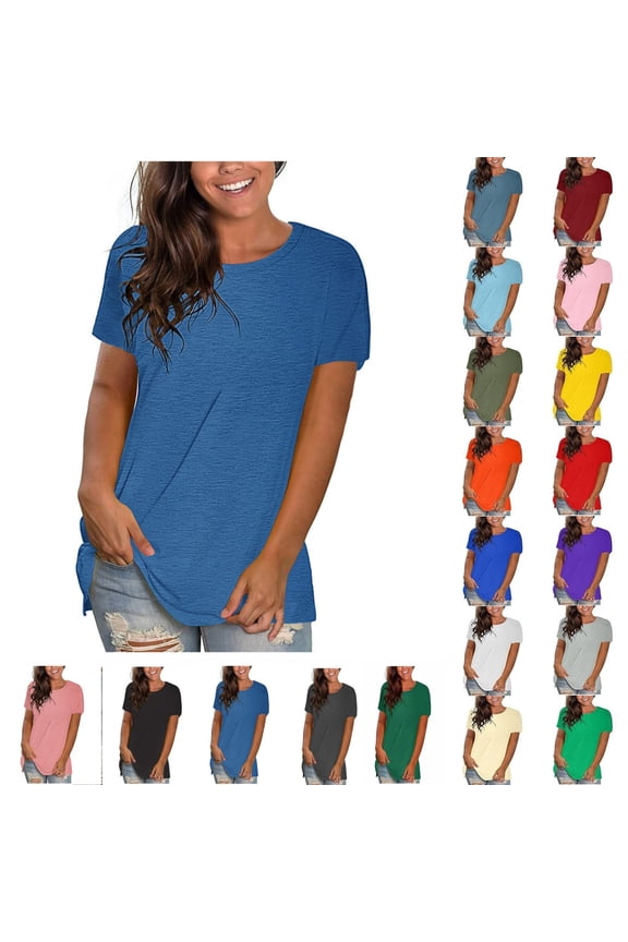 Women Summer Tops Blue Plus-Size Solid Loose Short Sleeve T-shirt Tops