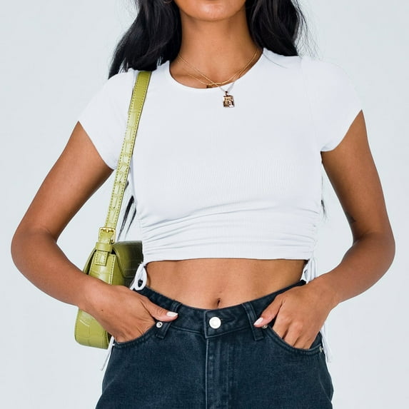 Summer Saving Clearance 2024! POTETI Women T Shirt White Exposed Navel T-shirt Short Stripe Drawstring Tie Round Neck