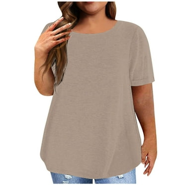 Summer Saving Clearance 2024! POTETI Women T-Shirts Clearance Khaki Casual Solid Blouse Crew Neck Short Sleeve T-Shirt Plus Size Tops