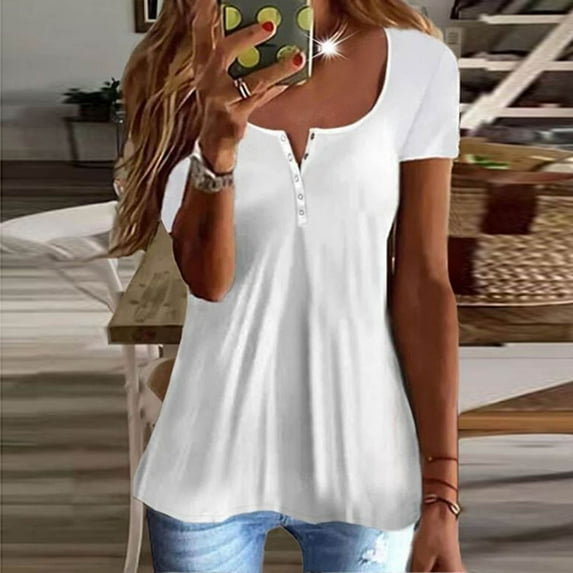 POTETI Women T-Shirts White Causal Solid Short Sleeve V-Neck Tops Blouse T-Shirt
