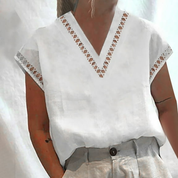 POTETI Women Tee Shirt White Cotton Linen Solid Color Casual V Neck Tops Cotton Design Blouses