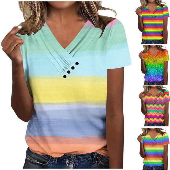 POTETI Women Tshirts Stripe V-neck Casual Short Sleeve SpringTops