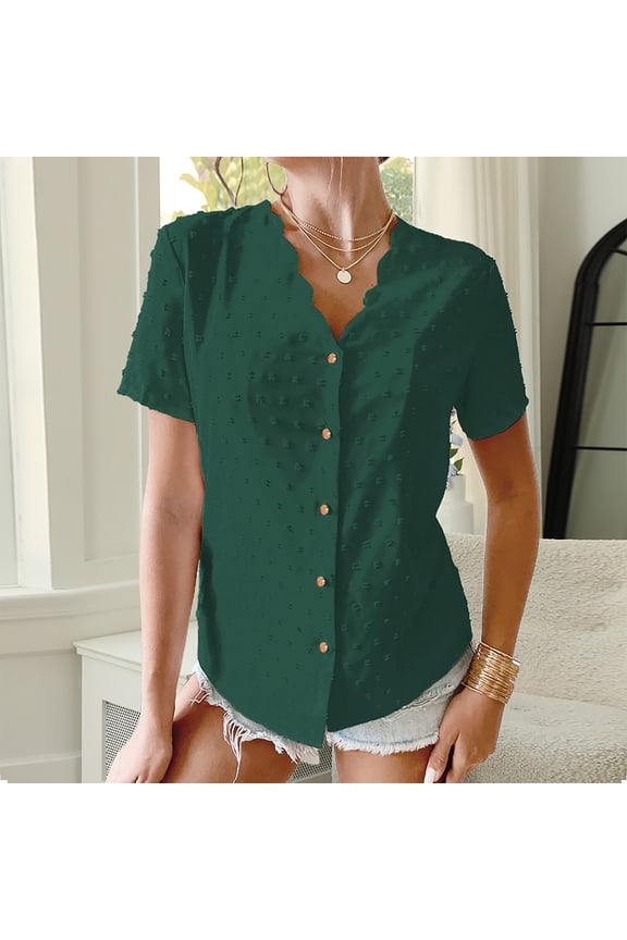 Women's Blouses Green Solid V Neck Comfortable T-shirt Short Sleeve Blouse Casual Tops