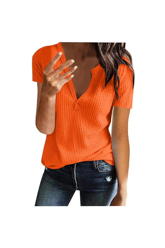 Women's T Shirts Orange Solid Color V-neck Comfortable Loose T-shirt Short Sleeve Blouse Casual Tops