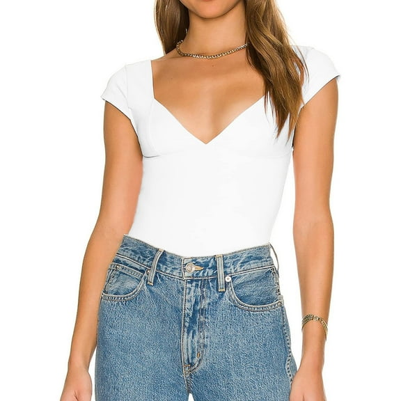 POTETI Women's T Shirts White Low Cut V-Neck Solid Short Sleeve Tops