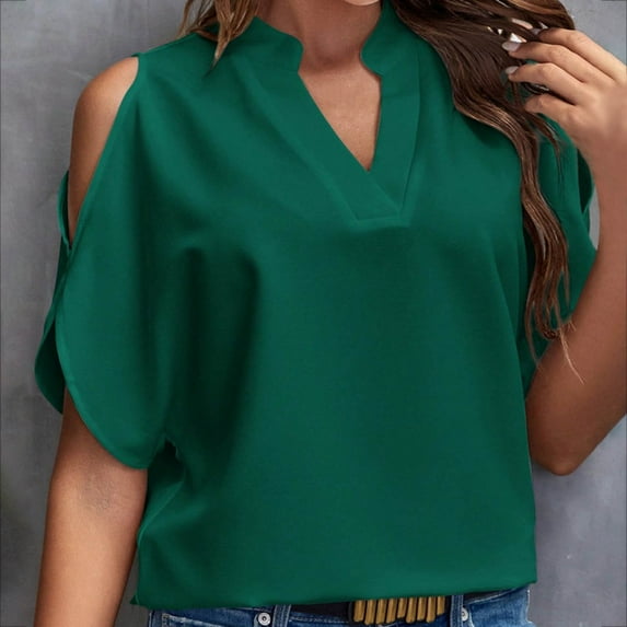 Summer Saving Clearance 2024! POTETI Women's Tshirts Green Solid V-neck Off Shoulder Sleeve Tops Short Sleeve V-neck Tops/shirt