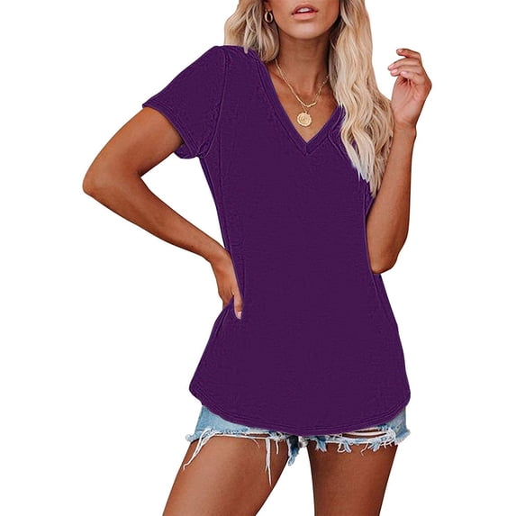 POTETI Womens Blouses Purple Casual V-neck Solid Short-Sleeve T-shirt Tops
