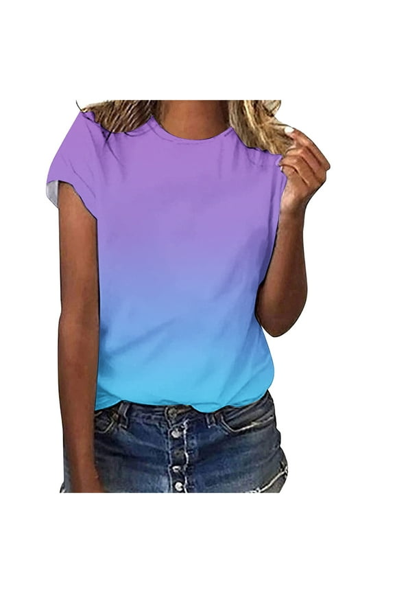 Womens Graphic Shirts Blue Comfortable Casual Round Neck Short Sleeve Print Tops Blouse