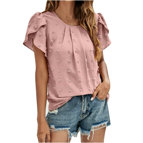POTETI Womens Graphic Tshirts Hot Pink Short Sleeves Round Neck Solid Color Loose Tops Blouse Knitted Sweater