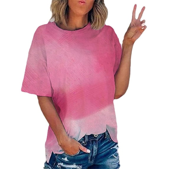 Summer Saving Clearance 2024! POTETI Womens Plus Size Tee Shirts Pink Gradient Printed T-shirt Short Sleeves Blouse Crew Neck Casual Tops
