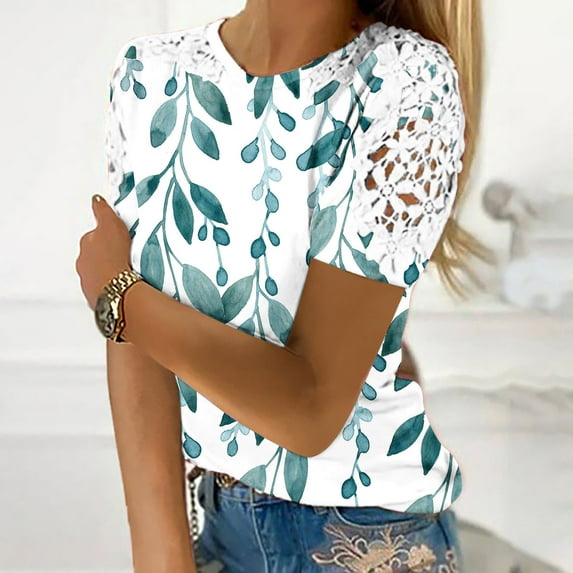 Summer Saving Clearance 2024! POTETI Womens Plus Tee Shirts Sky Blue Printing Crew Neck Lace Short Sleeve Pullover Slimming Blouse T-shirt Tops