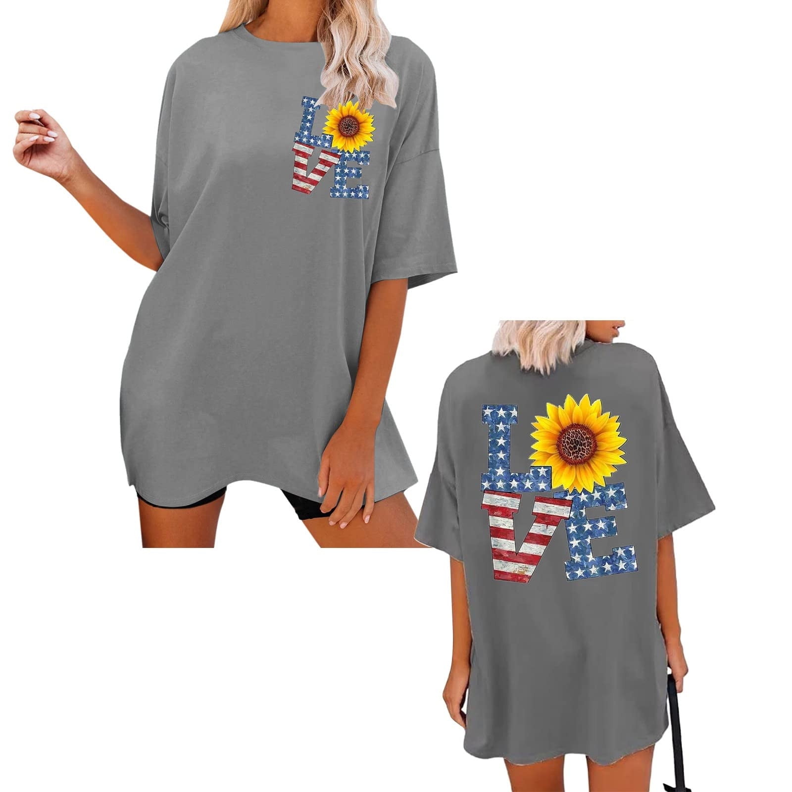 Summer Saving Clearance 2024! POTETI Womens Summer Shirts Gray Print Independence Day Oversized