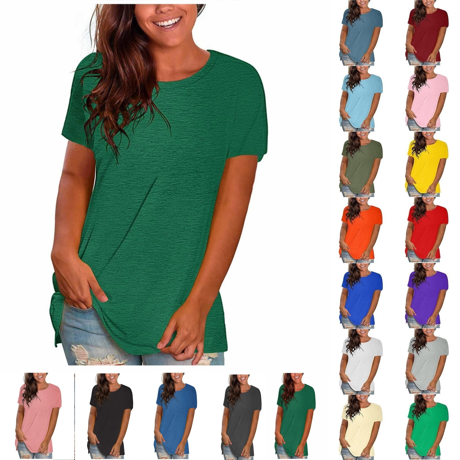 Womens Summer Clothes Green Plus-Size Solid Loose Short Sleeve T-shirt Tops