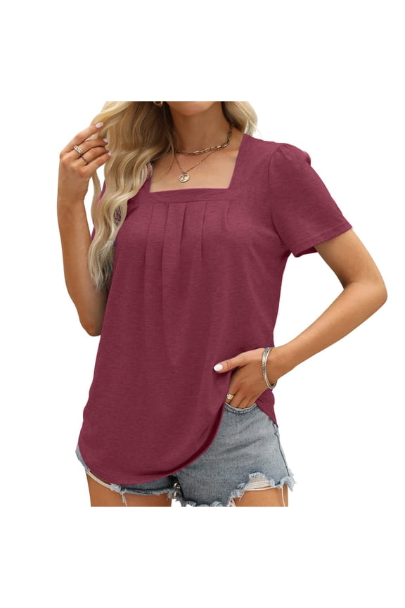 Womens Tops Red Solid Color Square Neck Comfortable Loose T-shirt Short Sleeve Blouse Casual Tops