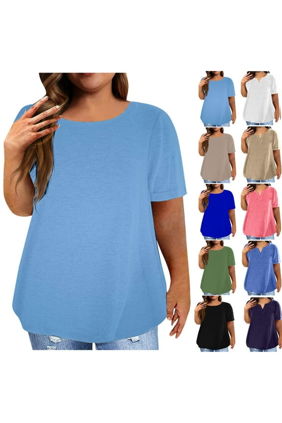 Womens Tops Light Blue Casual Solid Blouse Round Neck Short Sleeve T-Shirt Plus Size Tops