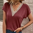 thumbnail image 1 of POTETI Womens Tops Red Solid Casual Short Sleeve V-Neck Blouses, 1 of 9
