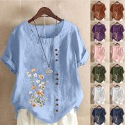 Summer Saving Clearance 2024! UPPADA Summer Tops for Women Plus Size Short Sleeve Tops Cotton Linen Round Ncek Shirts Vintage Floral Print Blouses