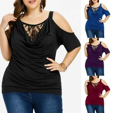 Summer Saving Clearance 2024 UPPADA Tops for Women Trendy Plus Size Cold Shoulder Tops Casual V Neck Shirts Loose Fit Solid Color Tees