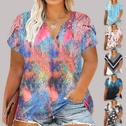 Summer Saving Clearance 2024 UPPADA Tops for Women Trendy Plus Size Short Sleeve Shirts Casual V Neck Blouses Dressy Tie-Dye Tshirts