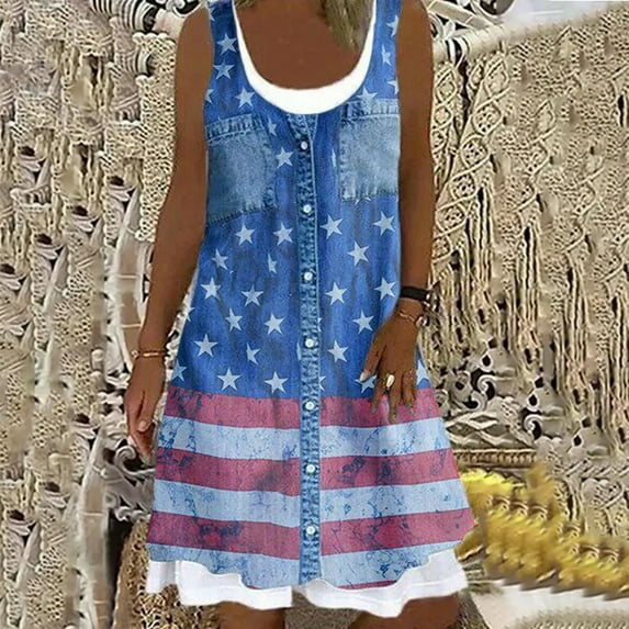 CALAFEBILA Denim Dress for Ladies Show ThinTwo-Piece Sleeveless Crew Neck Print Decreasing Waistline Dress Summer for Womens Maxi Long Dress