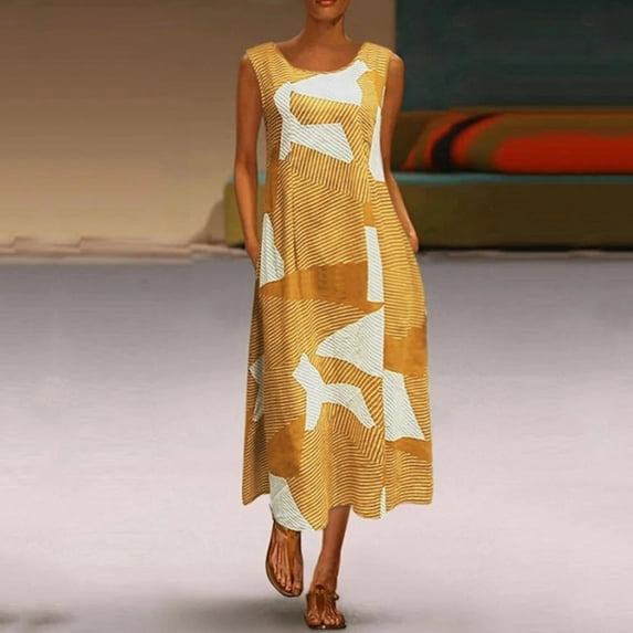 CALAFEBILA Female Summer Dress Quick Drying Crew Neck Print Sleeveless Constricting Waist Hem Pocket Womens Sundress Maxi Dress