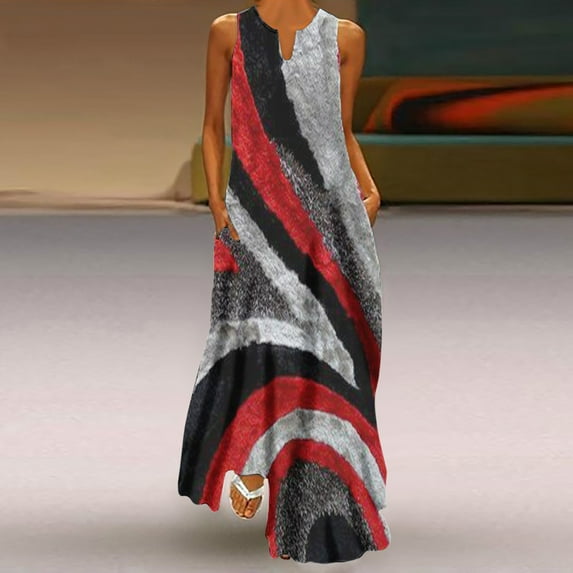 CALAFEBILA Women Midi Dress Gorgeous V Neck Printed Sleeveless Clenching Waist Pocket Summer Dress Women Maxi Dress