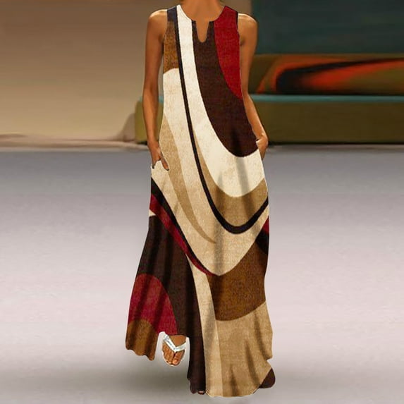 CALAFEBILA Women Midi Dress Gorgeous V Neck Printed Sleeveless Clenching Waist Pocket Womens Casual Sundress Maxi Dress