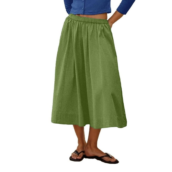 Summer Saving Clearance 2025! Ohufall Midi Skirts for Women Fashion Solid Casual Elastic High Waist Skirt Ladies Flowy A Line Swing Pleated Long Skirts