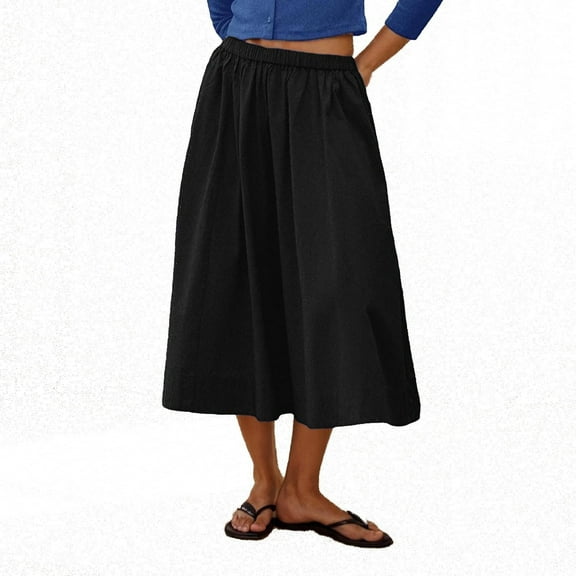 Summer Saving Clearance 2025! Ohufall Midi Skirts for Women Fashion Solid Casual Elastic High Waist Skirt Ladies Flowy A Line Swing Pleated Long Skirts