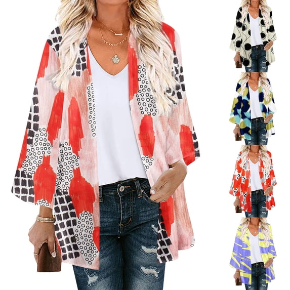Summer Saving Clearance AXXD Black Cover Up Women Floral Print Puff Sleeve Kimono Cardigan Loose Chiffon Cover Up Tops