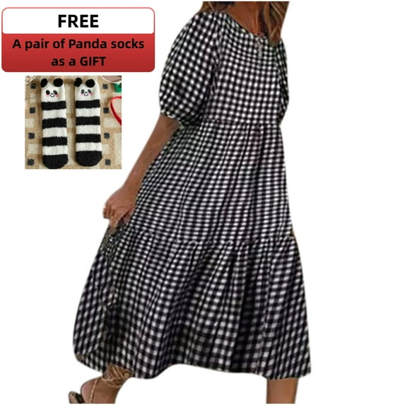 Summer Saving Clearance AXXD Black Long Sleeve Dress Women Short Sleeve 0-Neck Summer Casual Loose Plus Size Plaid Dress Size 4XL(US:16)