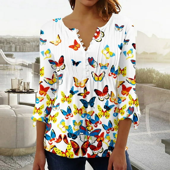 Summer Saving Clearance AXXD Button Down Shirts for Mom V-neck Printed Summer 3/4 Sleeves Women Blouses Clearance Xl Multicolor 8
