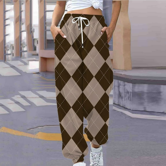 Summer Saving Clearance AXXD Coffee Cargo Pants for Women Fall Plaid High Waist Workout Checker Printing Sweatpants Loose Lounge Trousers With Pockets Pants Valentine's Day