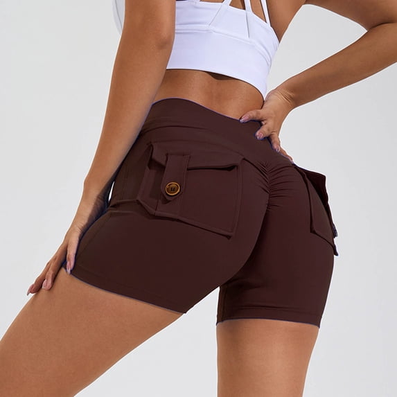 Summer Saving Clearance AXXD Coffee Shorts for Women High Waisted Summer Athletic Workout Cargo Gym Pocket Sweatshorts Solid Color Hip Lift Fitness Stretch Exercise Yoga Pants
