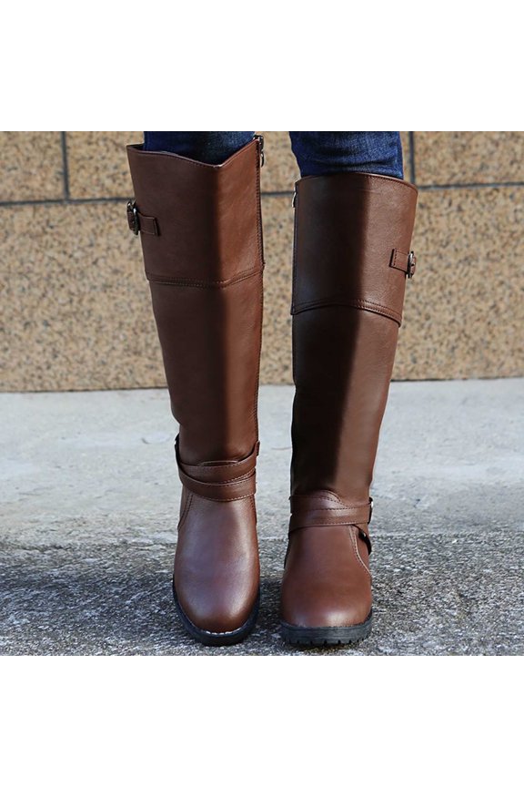 Couples Slip On Shoes Women Fall Autumn Mid-Calf Boot Combat Boots Womens Low-Heeled Knee High Boots Outdoor Boots For Clearence