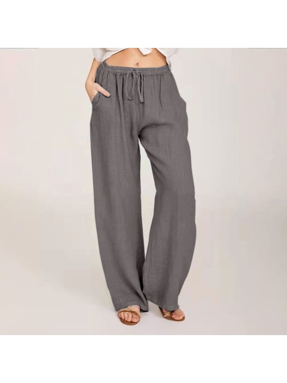 Dark Gray Sweatpants Women Casual Solid Cotton Linen Drawstring Elastic Waist Long Wide Leg Pants Size S(US:4)