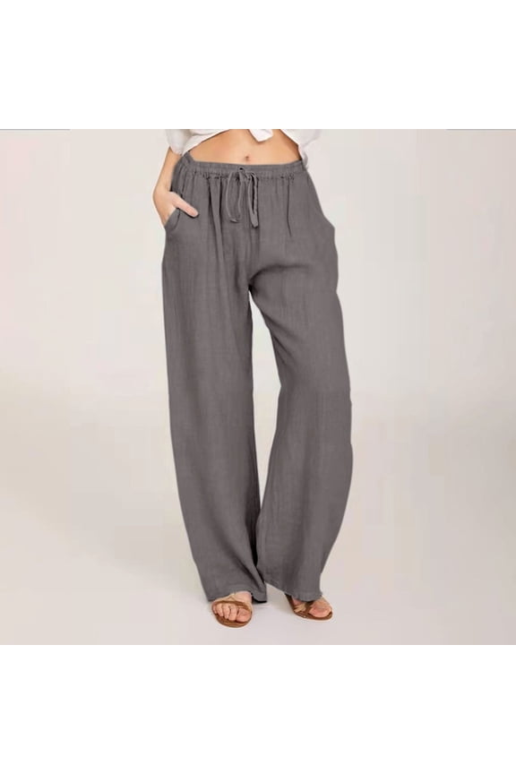 Dark Gray Sweatpants Women Casual Solid Cotton Linen Drawstring Elastic Waist Long Wide Leg Pants Size S(US:4)