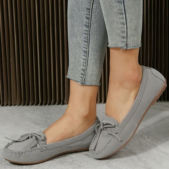 Summer Saving Clearance AXXD Faux Leather Round Toe Low Heels Shallow Comfort Solid Color Bow Vintage Loafer Gray Combers Shoes Women 2024 Christmas Size 42(US:9)