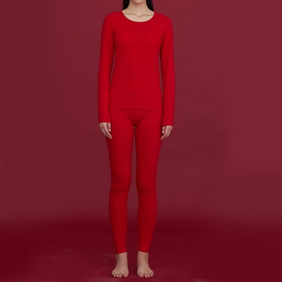 Summer Saving Clearance AXXD Heated Thermal Tops for Women Cotton Long Sleeves Self Heating Round Neck Velvet Thermal Underwear for Women Set Clearance Red Size L(US:6)