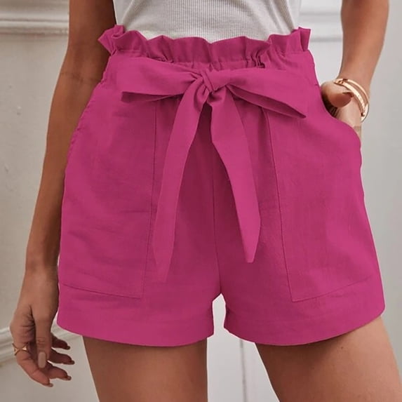 Summer Saving Clearance AXXD Hot Pink Workout Shorts for Lady Spring Pocket Solid Color Casual Wide Leg Loose High Waist Lace-up Shorts Gift for Woman under 10