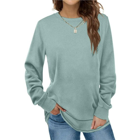 Summer Saving Clearance AXXD Light Blue Oversized Sweatshirt for Women Spring Solid Round-Neck Pullover Long Sleeve Tops