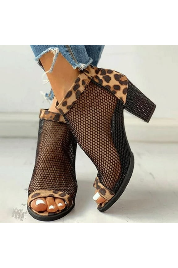 Summer Saving Clearance AXXD Mesh High Heel Zip Leopard Block Sandal Brown Waterproof Hiking Shoes Women Christmas Size 37(US:6.5-7)