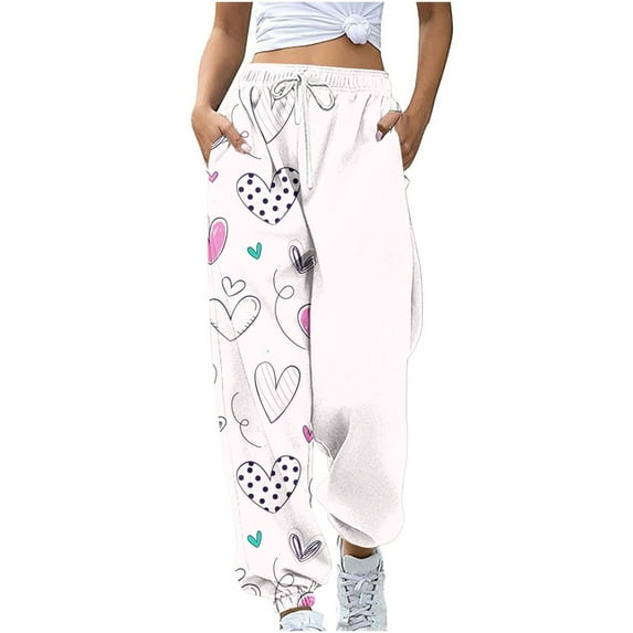 Summer Saving Clearance AXXD Pink Sweat Pants Women Summer Workout Pocket Loose Pants Sports Pants Drawstring Valentine's Day Printed Pants Casual Pants Mother's Day