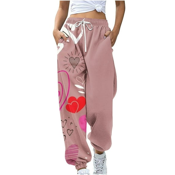 Summer Saving Clearance AXXD Pink Sweatpants for Women Spring Workout Pocket Loose Sports Drawstring Valentine's Day Printed Pants