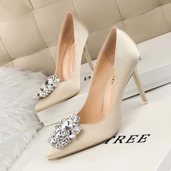 Summer Saving Clearance AXXD Pointed Toe High Heel Thin Heels Shallow Rhinestone Elegant Thin Beige Water Shoes For Women Christmas Size 34