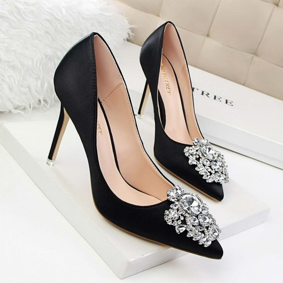 Summer Saving Clearance AXXD Pointed Toe High Heel Thin Heels Shallow Rhinestone Elegant Thin Black Trending Shoes For Women 2024 Christmas Size 40