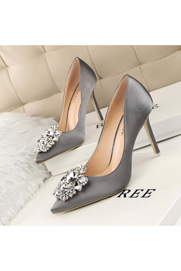 Summer Saving Clearance AXXD Pointed Toe High Heel Thin Heels Shallow Rhinestone Elegant Thin Gray Womens Water Shoes Christmas Size 43