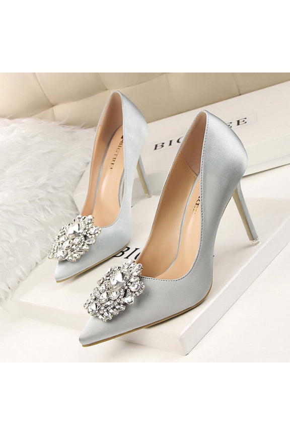 Summer Saving Clearance AXXD Pointed Toe High Heel Thin Heels Shallow Rhinestone Elegant Thin Silver Water Shoes For Women Christmas Size 37